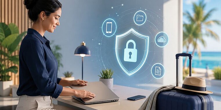 Frau am Laptop, daneben ein Koffer und ein Schutzschild-Symbol mit Geräte-Icons