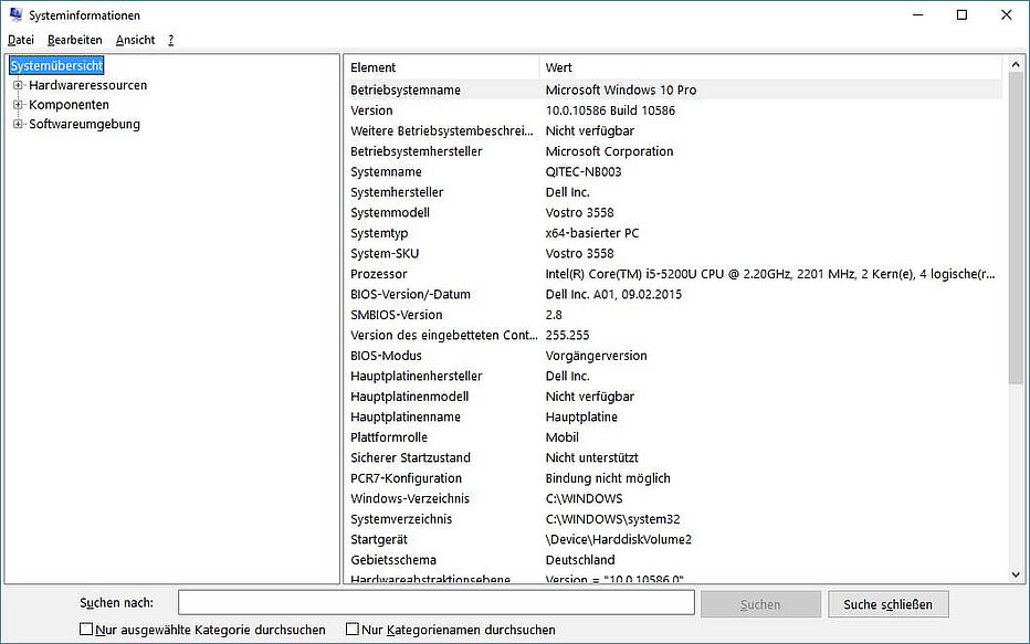 Windows 10 Systeminformation