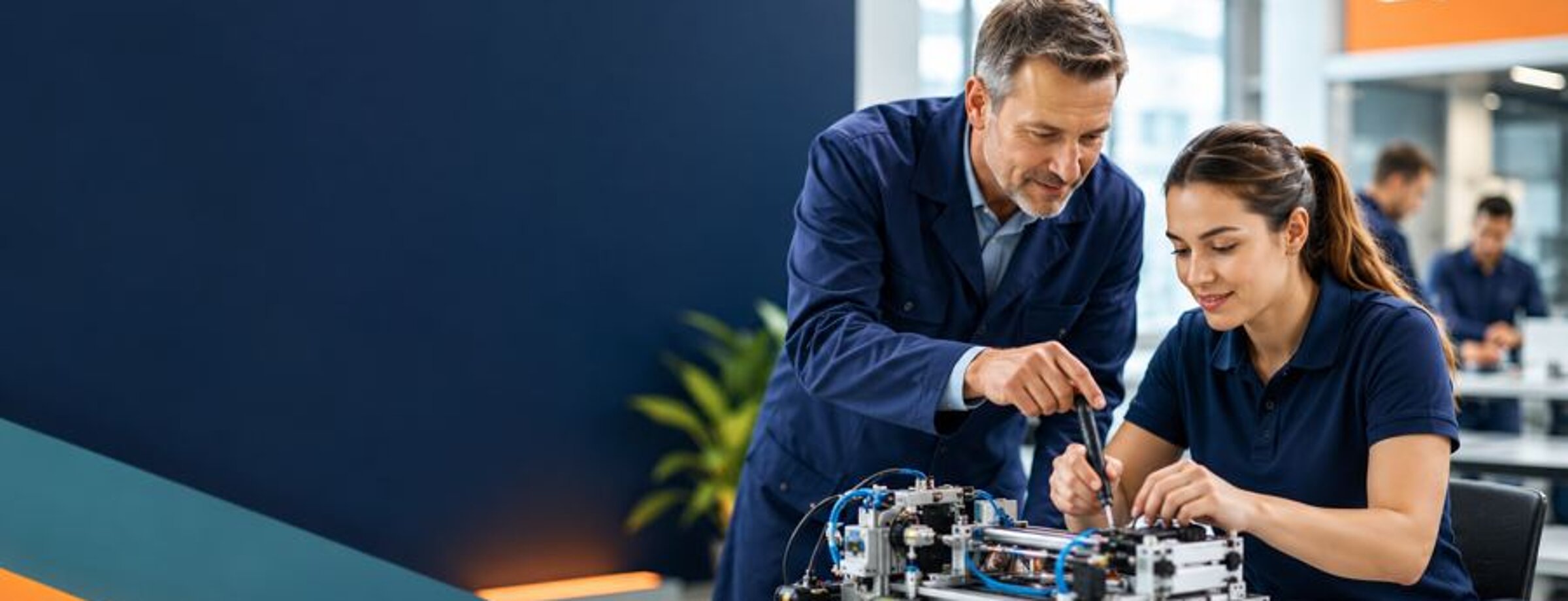 Ausbilder und Auszubildende arbeiten gemeinsam an einer Technikbaugruppe