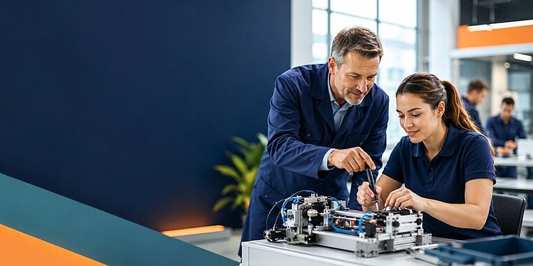 Ausbilder und Auszubildende arbeiten gemeinsam an einer Technikbaugruppe