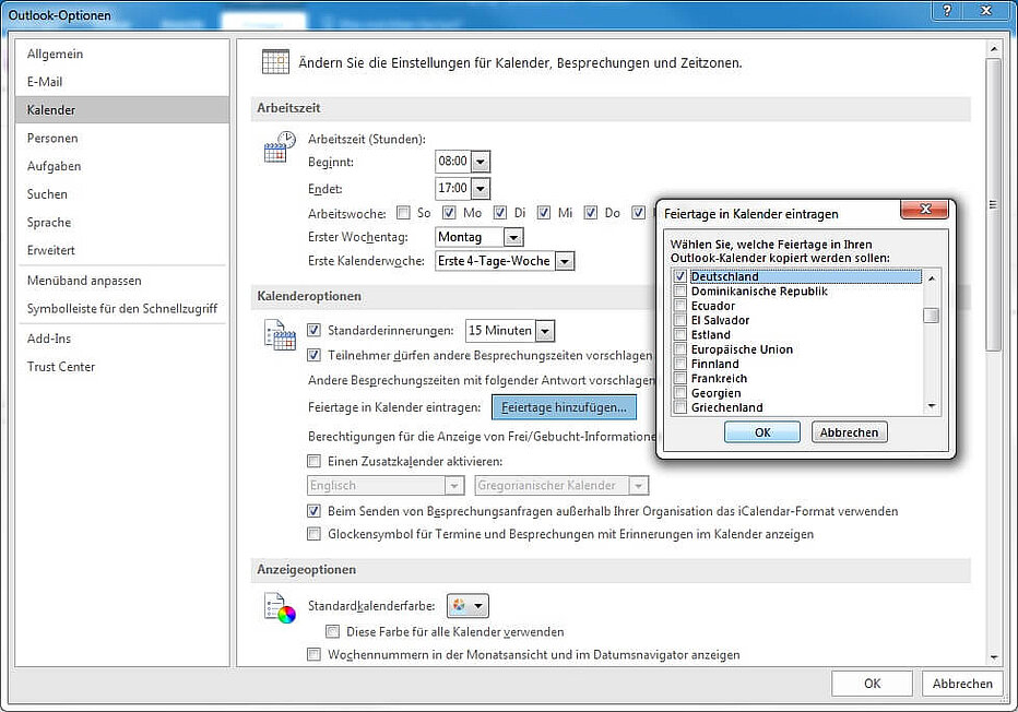 Hinzufügen der Feiertage in Outlook