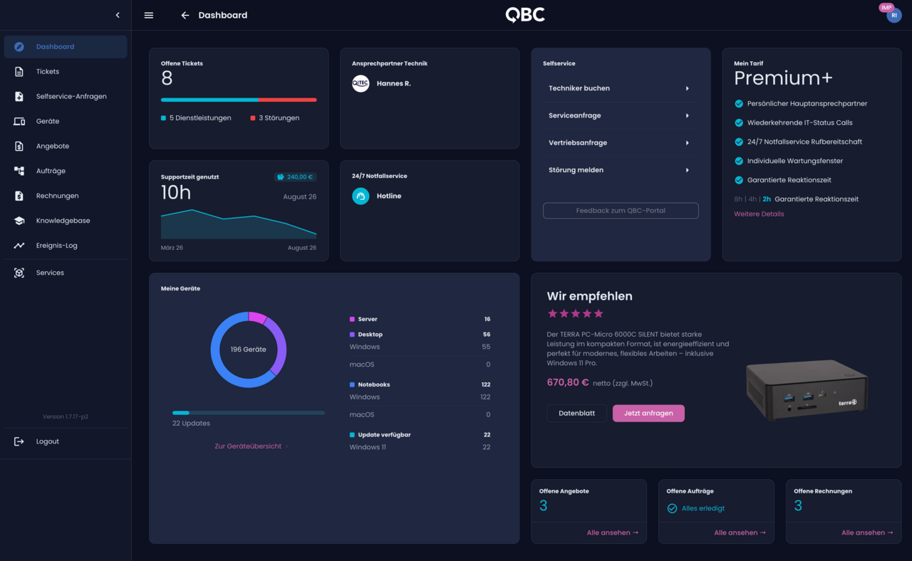 QBC-Dashboard mit offenen Tickets, Geräteübersicht, Tarifdetails und Selfservice-Aktionen