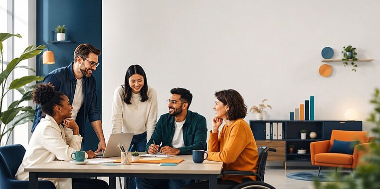 Team im Besprechungsraum im offenen Austausch an einem gemeinsamen Tisch