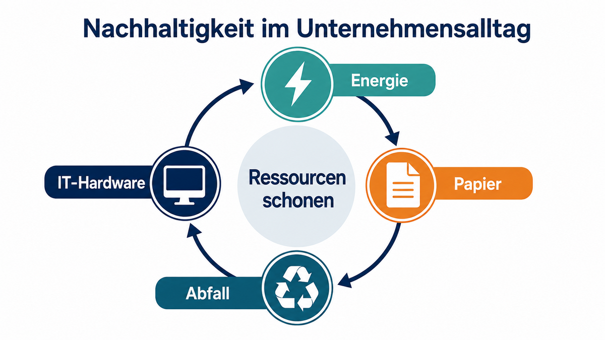 Infografik: Kreislauf aus Energie, Papier, Abfall und IT-Hardware rund um das Ziel Ressourcen schonen
