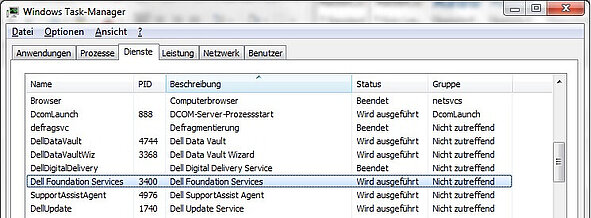 Der Dell Foundation Services Dienst im Windows Taskmanager