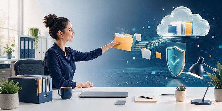 Mitarbeiterin am Schreibtisch übergibt Ordner an eine symbolische Cloud mit Schutzschild