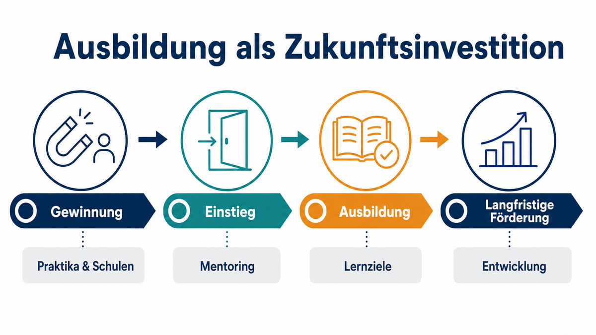 Infografik: Ausbildung als Zukunftsinvestition mit den Stufen Gewinnung, Einstieg, Ausbildung und langfristige Förderung