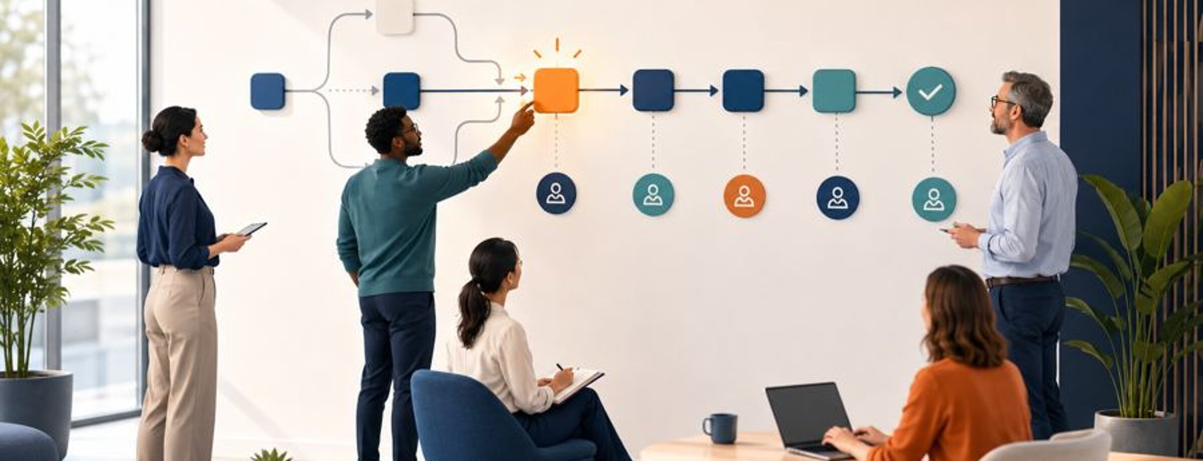 Team zeichnet an einer Wand einen Prozessablauf mit einzelnen Arbeitsschritten