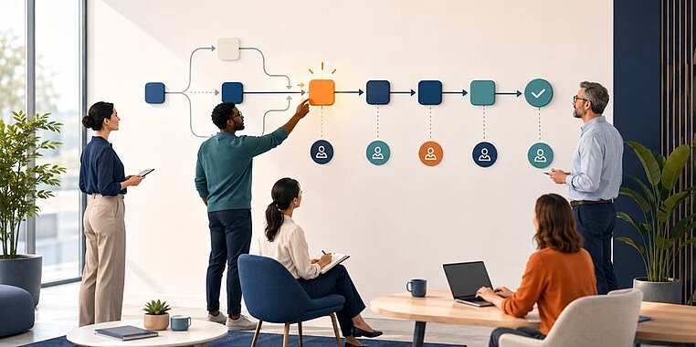 Team zeichnet an einer Wand einen Prozessablauf mit einzelnen Arbeitsschritten