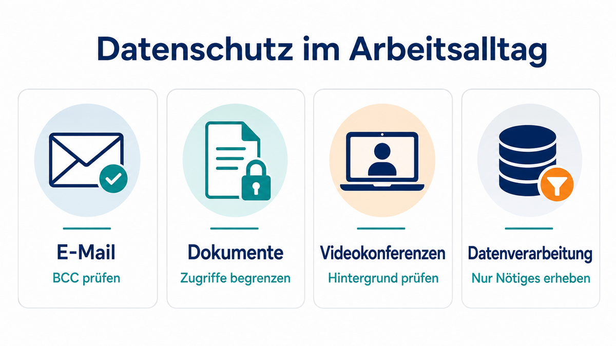 Infografik: Datenschutz im Arbeitsalltag mit den Feldern E-Mail, Dokumente, Videokonferenzen und Datenverarbeitung