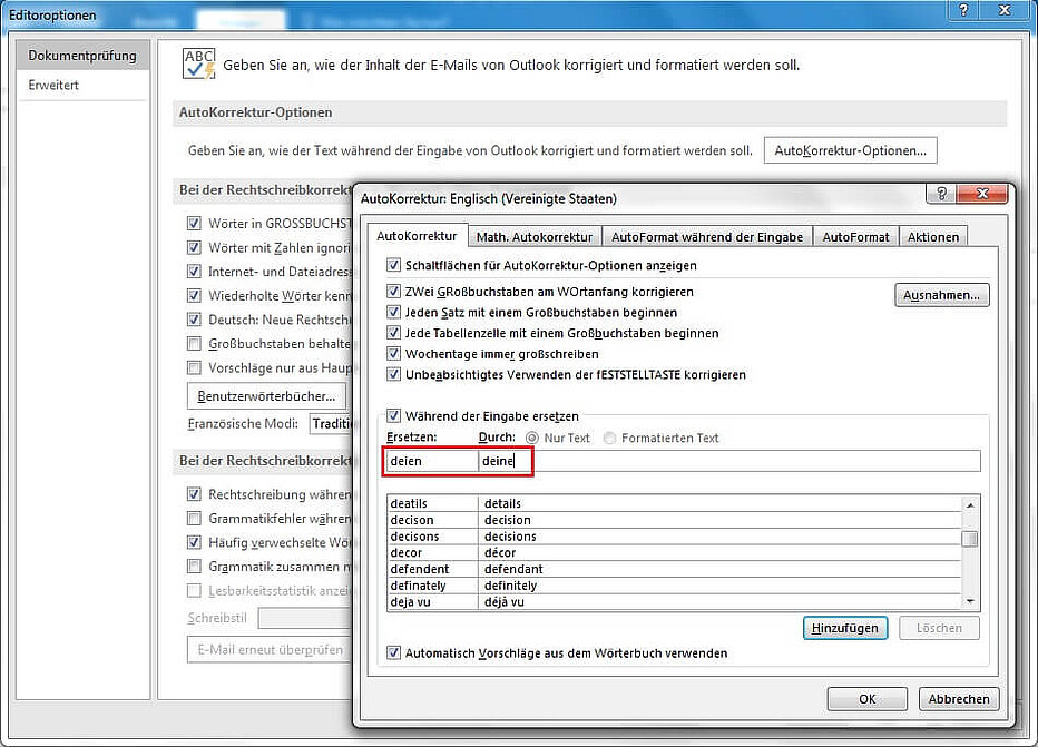 Autokorrektur-Optionen in Outlook