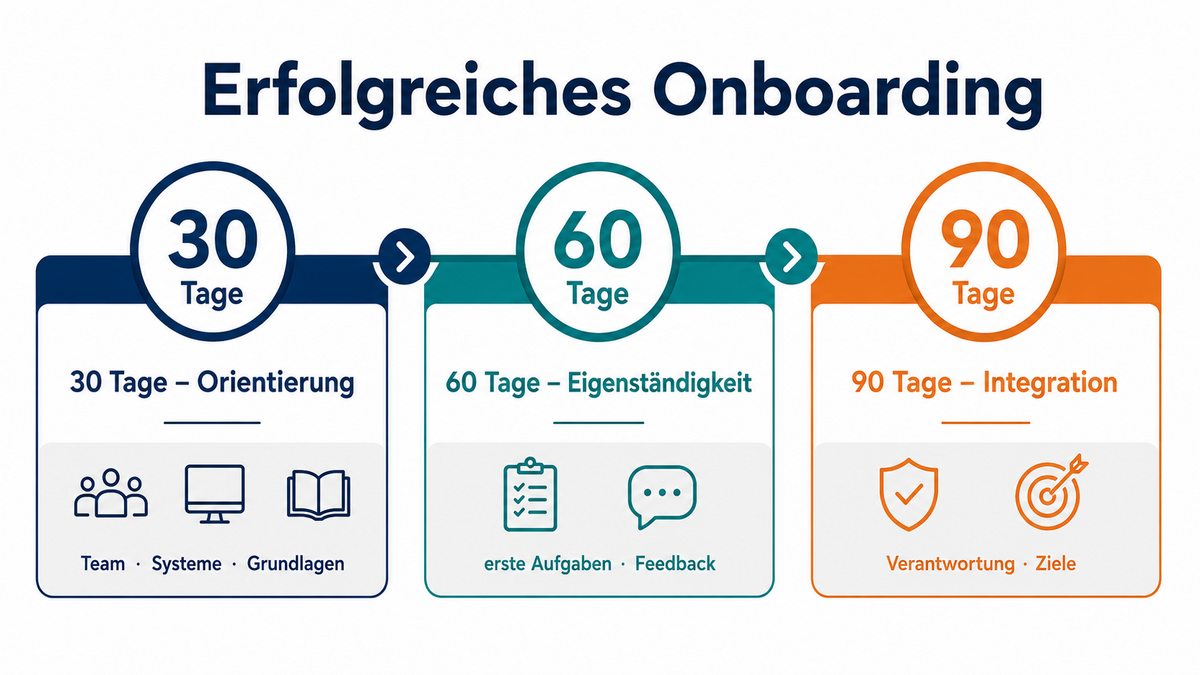 Infografik: Onboarding nach dem 30-60-90-Tage-Modell mit Orientierung, Eigenständigkeit und Integration