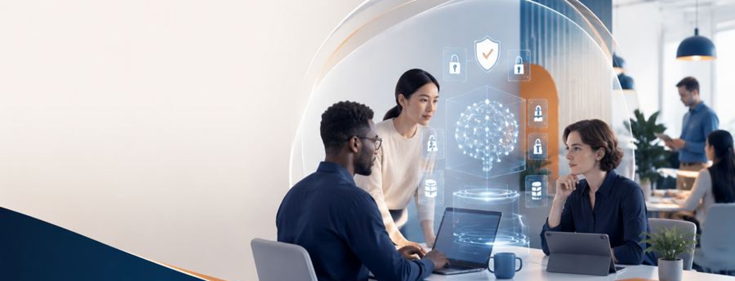 Team arbeitet gemeinsam an einem Laptop, davor eine transparente Darstellung von KI-Funktionen