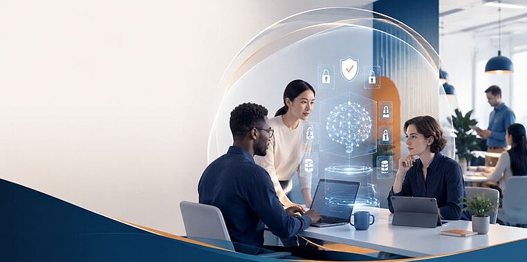 Team arbeitet gemeinsam an einem Laptop, davor eine transparente Darstellung von KI-Funktionen