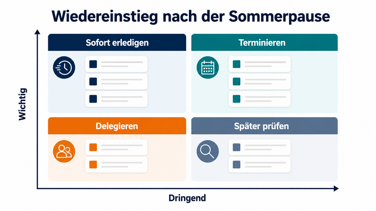 Infografik: Vier-Felder-Matrix für den Wiedereinstieg nach der Sommerpause mit sofort erledigen, terminieren, delegieren und später prüfen