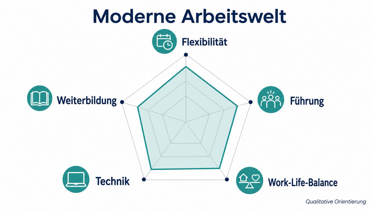 Infografik: Netzdiagramm der modernen Arbeitswelt mit Flexibilität, Führung, Work-Life-Balance, Technik und Weiterbildung