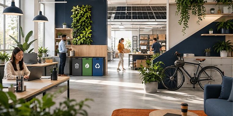 Nachhaltig eingerichtetes Büro mit begrünter Wand, Mülltrennung und Fahrrad