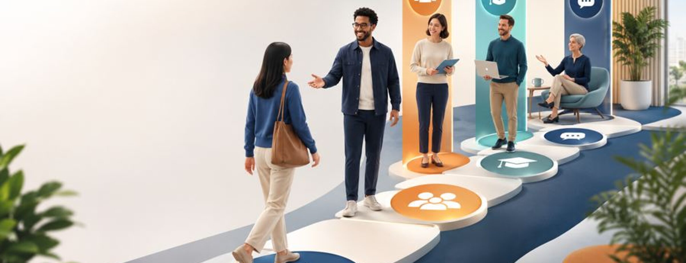 Neue Mitarbeiterin wird von Kolleginnen und Kollegen begrüßt und geht über symbolische Etappen