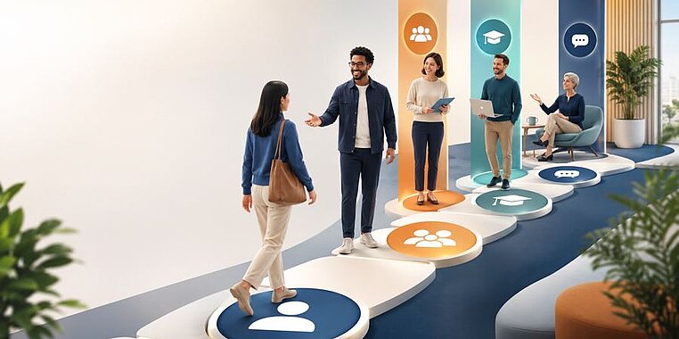 Neue Mitarbeiterin wird von Kolleginnen und Kollegen begrüßt und geht über symbolische Etappen