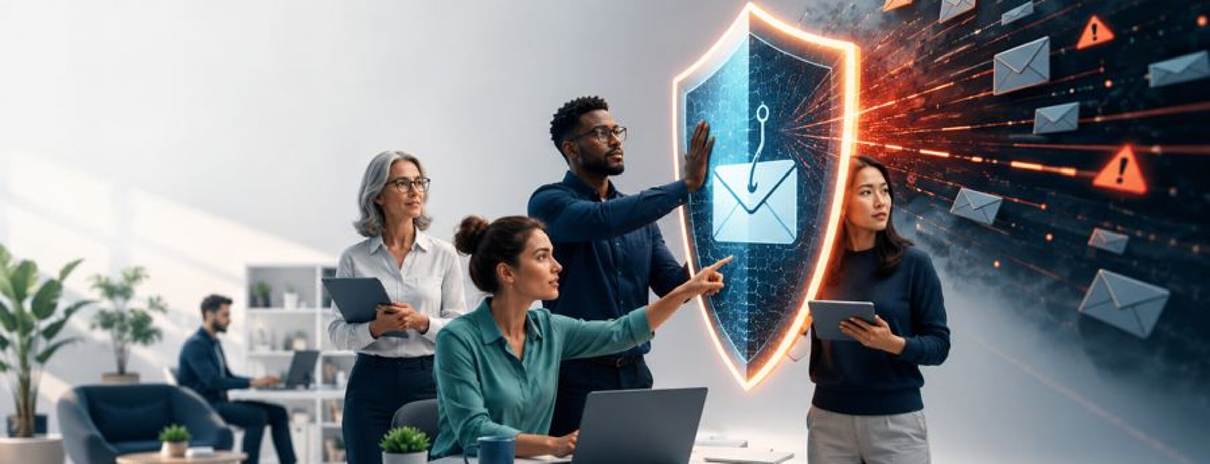 Beschäftigte im Büro vor einem Schutzschild, das eingehende Phishing-Mails abwehrt