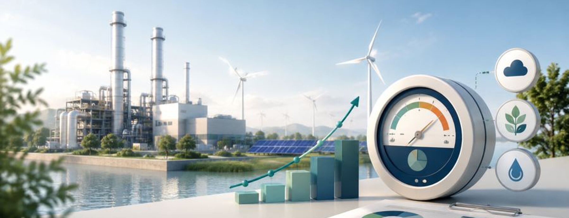 Industrieanlage mit Windrädern und Solarfeldern, daneben eine Anzeige mit Umweltkennzahlen