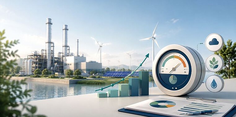 Industrieanlage mit Windrädern und Solarfeldern, daneben eine Anzeige mit Umweltkennzahlen