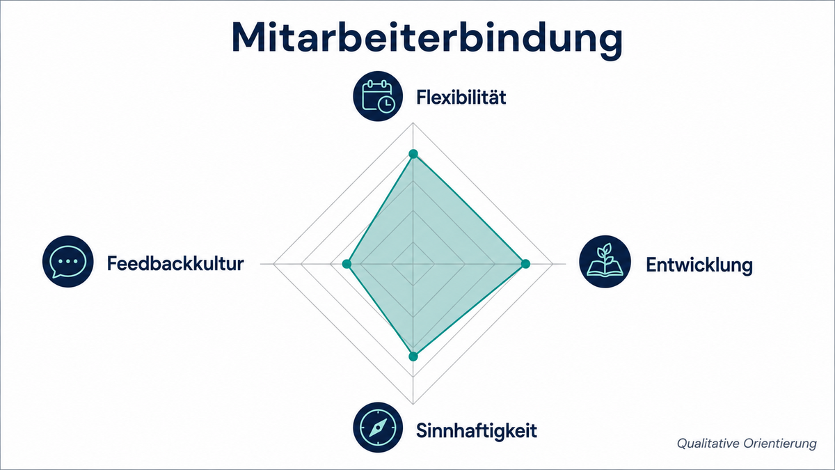 Infografik: Netzdiagramm zur Mitarbeiterbindung mit den Faktoren Flexibilität, Entwicklung, Sinnhaftigkeit und Feedbackkultur