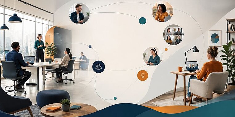Modernes Büro mit unterschiedlichen Arbeitsplätzen und digital zugeschalteten Kolleginnen und Kollegen