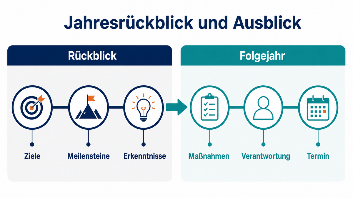 Infografik: Vom Rückblick mit Zielen, Meilensteinen und Erkenntnissen zum Folgejahr mit Maßnahmen, Verantwortung und Termin