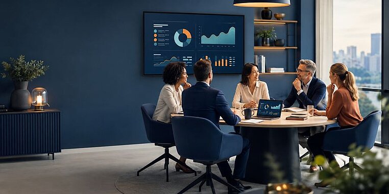 Team wertet im Besprechungsraum Kennzahlen auf einem großen Bildschirm aus