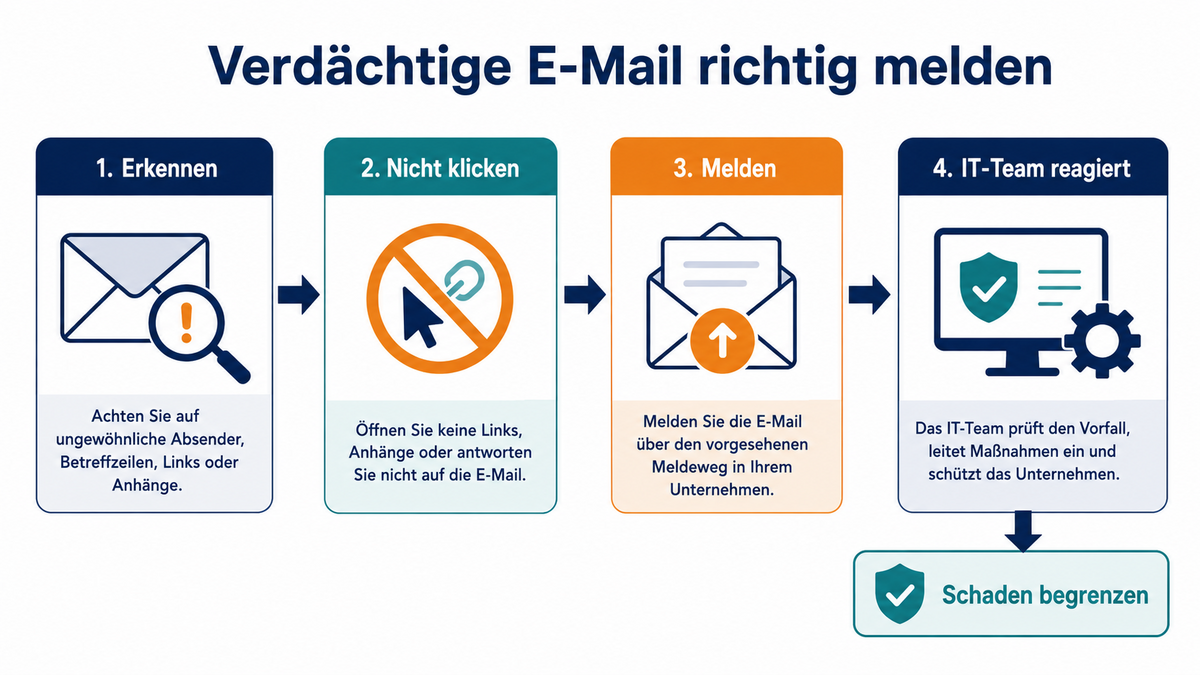 Infografik: Vier Schritte zum Melden verdächtiger E-Mails mit Erkennen, nicht klicken, melden und Reaktion des IT-Teams