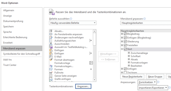 Schaltfläche Tastenkombinationen "Anpassen"