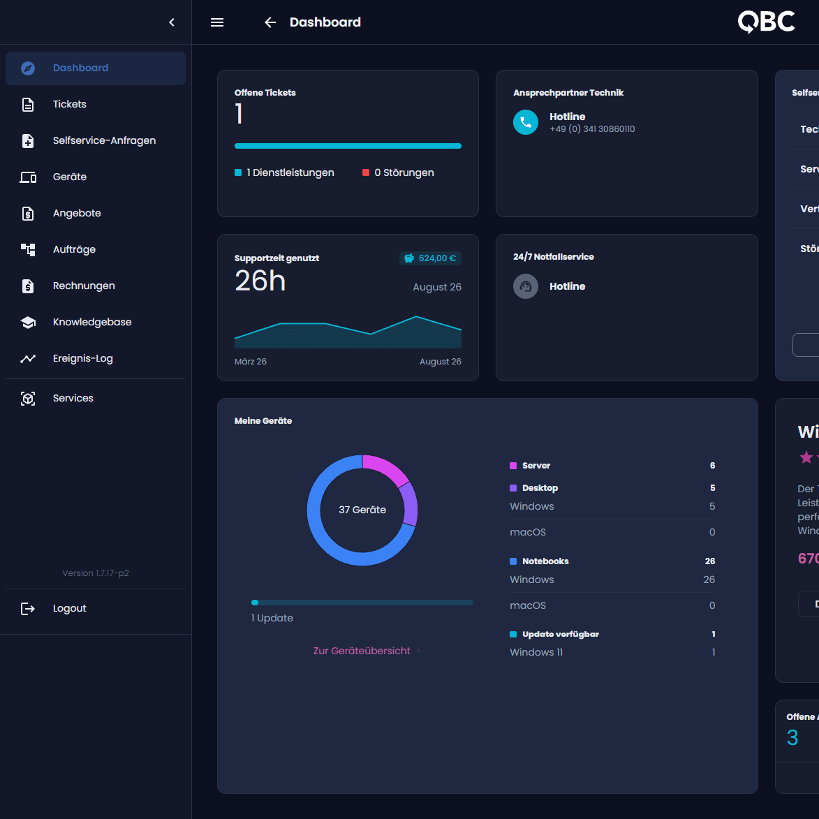 Screenshot: Dashboard des QBC-Portals mit Tickets, Geräten und Rechnungen
