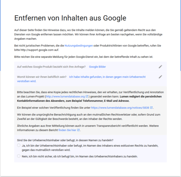 Urheberrecht Abfrage von Google