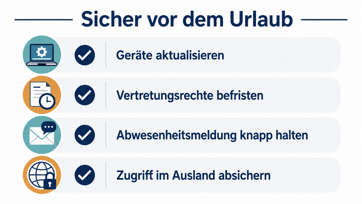 Infografik: Checkliste vor dem Urlaub mit Geräte aktualisieren, Vertretungsrechte befristen, Abwesenheitsmeldung knapp halten und Zugriff im Ausland absichern