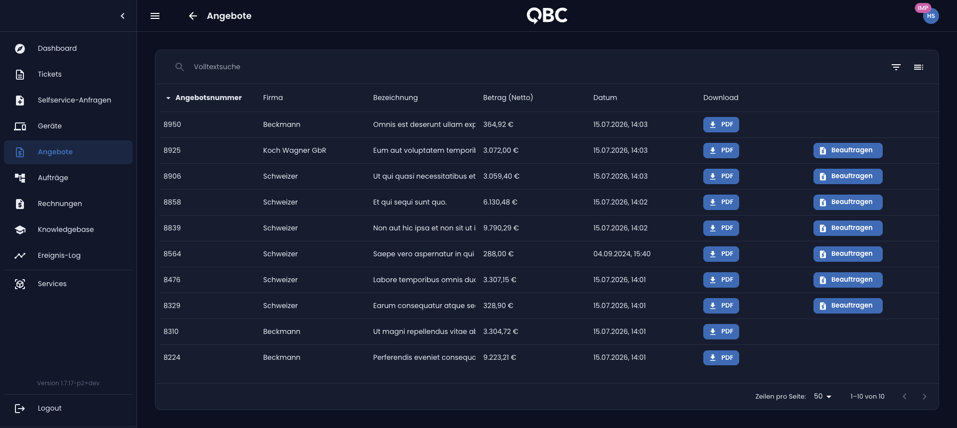 Screenshot: Angebotsliste im QBC-Portal mit Beauftragen-Buttons