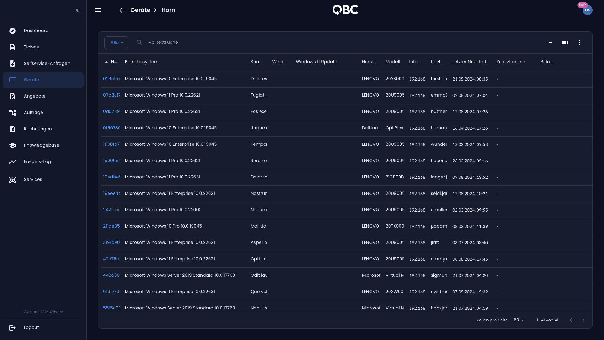 Screenshot: Geräteliste im QBC-Portal mit Betriebssystem, Modell und Update-Status