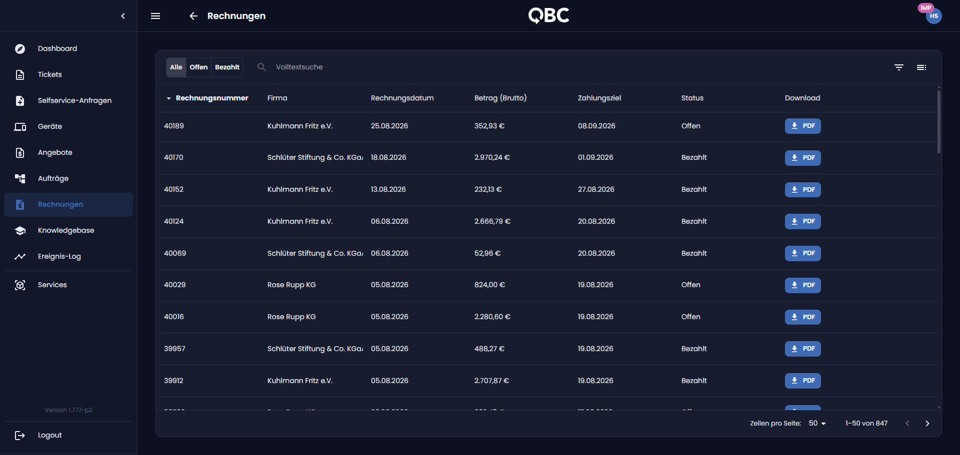 Screenshot: Rechnungsübersicht im QBC-Portal