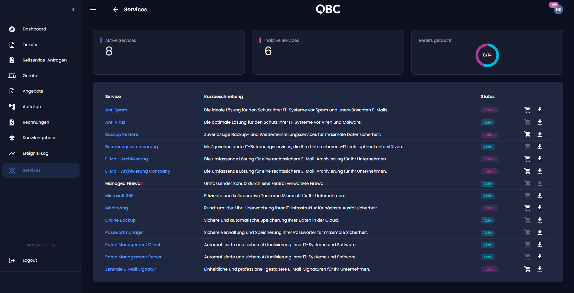 Screenshot: Serviceübersicht im QBC-Portal