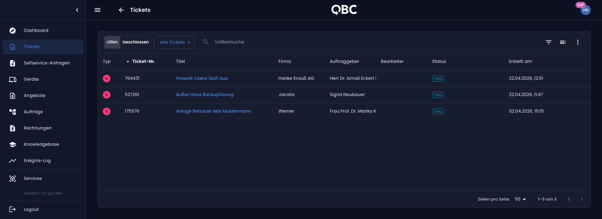 Screenshot: Ticketliste im QBC-Portal mit offenen Störungsmeldungen