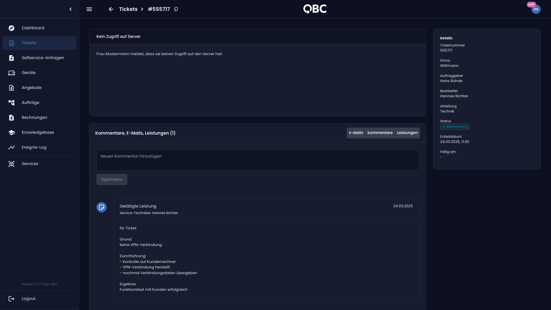 Screenshot: Ticket im QBC-Portal mit komplettem Verlauf und dokumentierten Leistungen