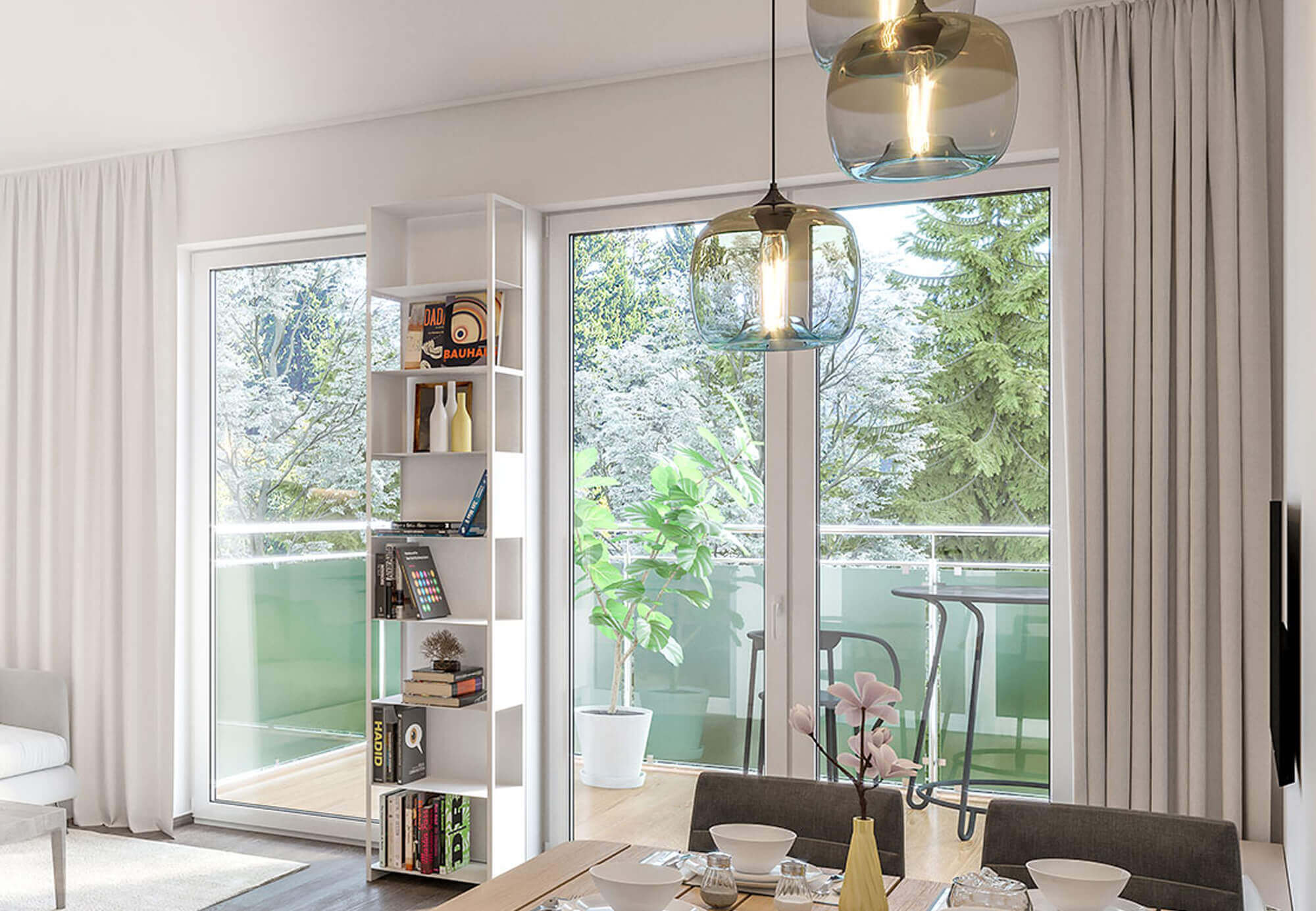 Modernes Wohnzimmer mit Blick auf den Balkon