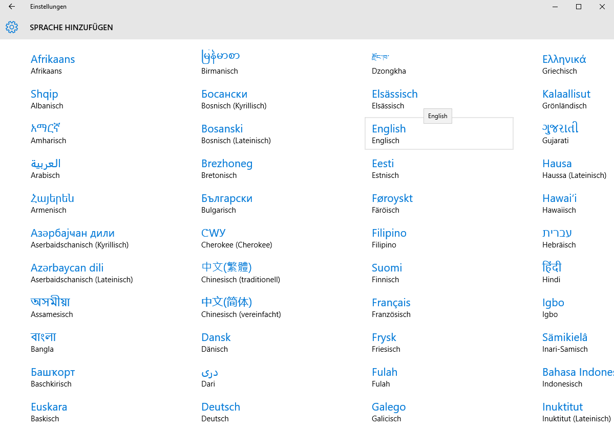 Auswahl verschiedener Sprachen