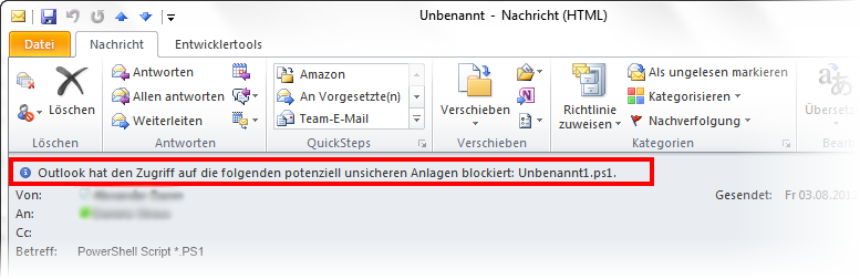 Die Screenshot zeigt, dass Outlook potenziell unsichere Anlagen blockiert