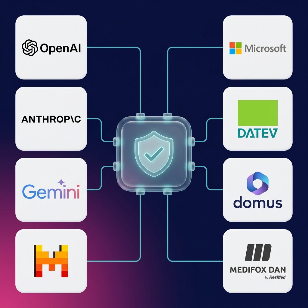 Eine zentrale KI-Plattform verbindet die KI-Modelle von OpenAI, Anthropic, Google Gemini und Mistral mit Microsoft 365, DATEV, DOMUS und MediFox DAN